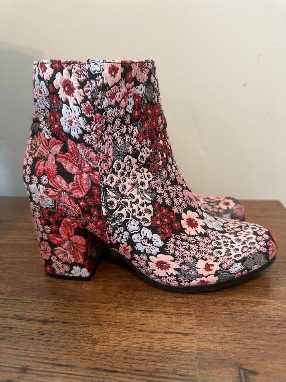 Qupid Floral Embroidered Ankle Booties in Pink & Red